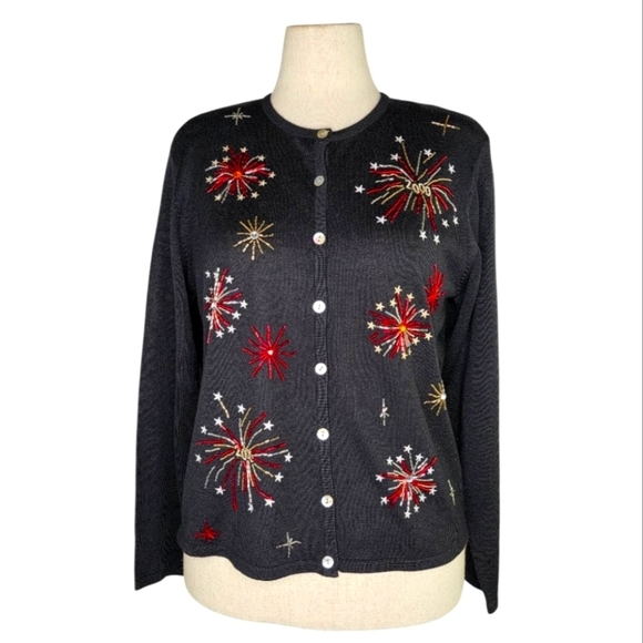 Karen Scott Sweaters - Vintage Karen Scott Fireworks Beaded Cardigan Sweater Y2K 2000 Black L